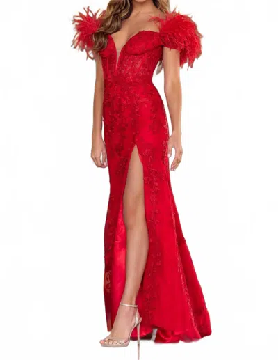 Sherri Hill Feather Sleeve Leaf Lace Dress In Red