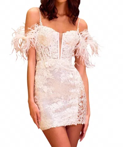 Sherri Hill Feather Sleeve Sequin Lace Dress In Ivory In Multi