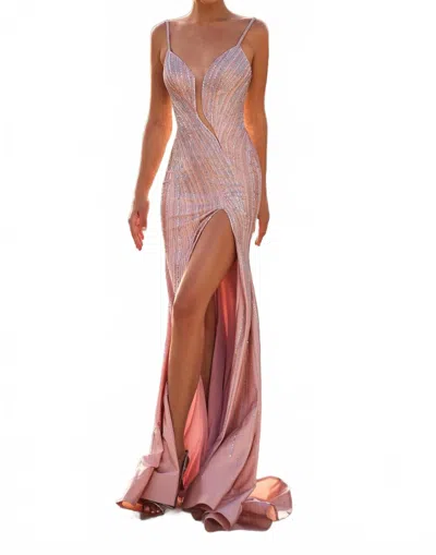 Sherri Hill Fitted Hot Fix Gown In Champagne/silver In Gold