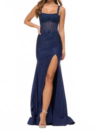 Sherri Hill Fitted Hot Fix Gown In Navy In Blue