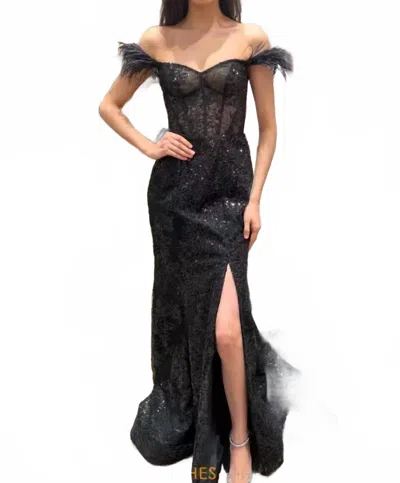 Sherri Hill Fitted Lace Gown With Off The Shoulder In Black