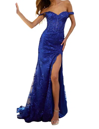 Sherri Hill Fitted Off The Shoulder Lace Prom Dress In Royal In Blue