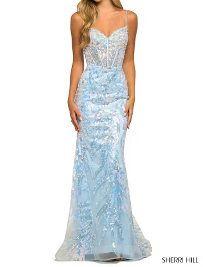 Sherri Hill Fitted Sequin Lace Sheer Corset Bodice Gown In Light Blue