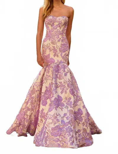 Sherri Hill Floral Brocade Strapless Prom Dress In Lilac In Blue