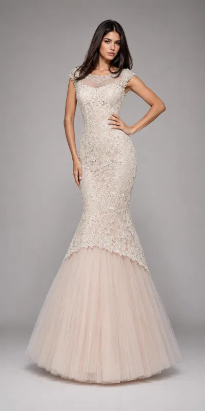 Sherri Hill Formal Beaded Cap Sleeve Lace Mermaid Gown In Ivory In Neutral
