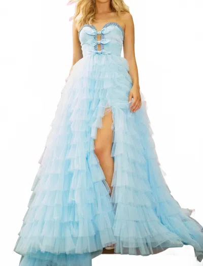 Sherri Hill Front Bows Ruffle Skirt Dress In Light Blue