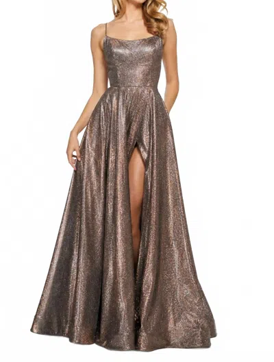 Sherri Hill Glitter Lace-up Back Gown In Mocha/ Silver In Brown