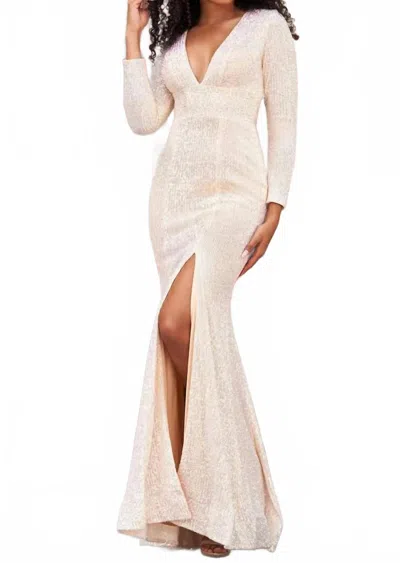 Sherri Hill Glow Long Sleeve Evening Gown In Champagne In White
