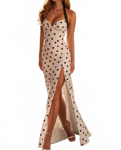 Sherri Hill Halter Fitted Polka Dot Gown In Ivory/black In Multi