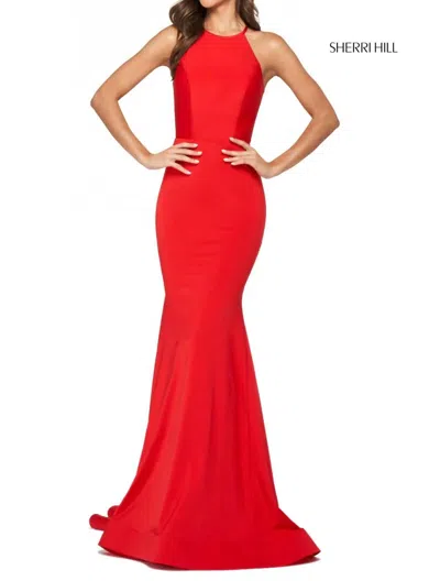 Sherri Hill Halter Jersey Open Back Ruched Gown Dress In Red