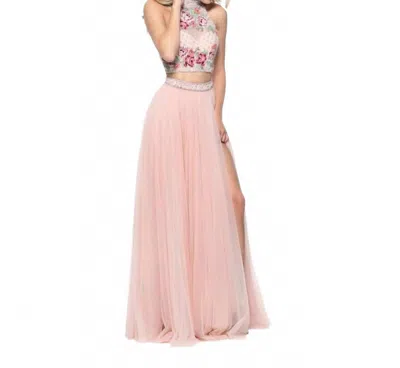 Sherri Hill High Neck Halter Embroidered Gown In Blush In Pink