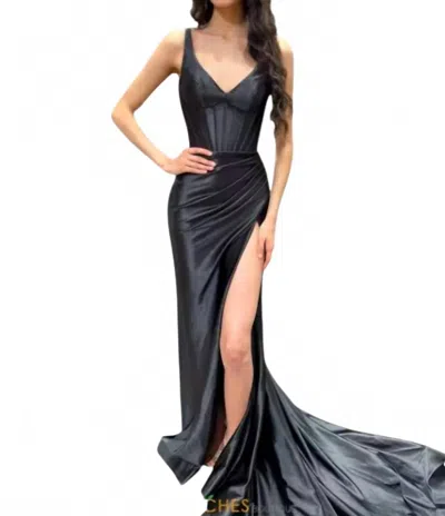 Sherri Hill High Slit Corset Top Dress In Black In Blue