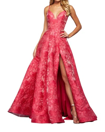 Sherri Hill High Slit Lace-up Prom Dress In Fuchsia In Pink