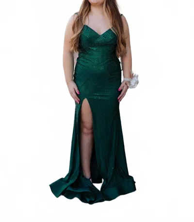 Sherri Hill Hot Fix Prom Dress With Skirt Slit In Emerald In Green