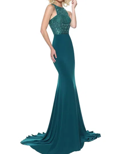 Sherri Hill Jersey Sleeveless Prom Dress In Emerald In Gold