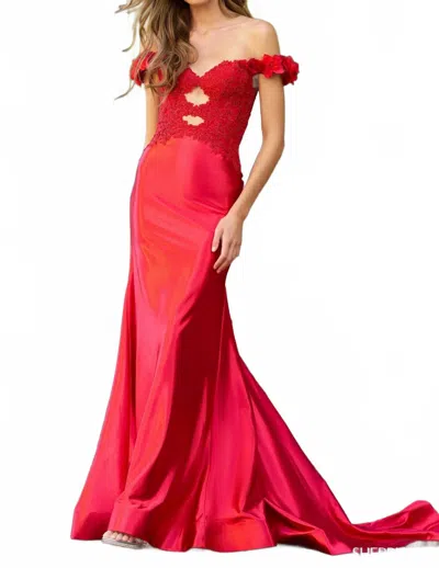 Sherri Hill Keyhole Bodice Off The Shoulder Dress In Red/red In Multi