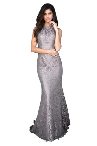 Sherri Hill Lace Appliqued Gown In Dark Nude In Purple