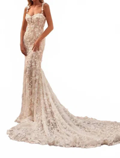 Sherri Hill Lace Appliques Two Strap Wedding Gown In Ivory/nude In Neutral