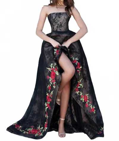 Sherri Hill Lace Floral Embroidered High Low Gown In Black
