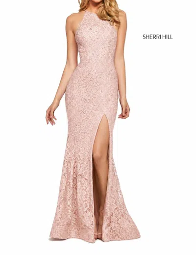 Sherri Hill Lace Halter Gown High Slit Rhinestone Dress In Blush In Blue