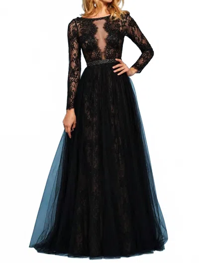 Sherri Hill Lace Open Back Gown In Black