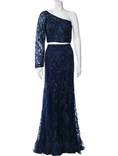 Pre-owned Sherri Hill Lace Pattern Beaded Accents Dress Set In Blue