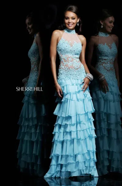 Sherri Hill Lace Tiered Ruffle Gown In Aqua In Blue