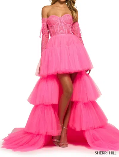 Sherri Hill Layered Skirt High Low Dress In Bright Fuchsia In Multi