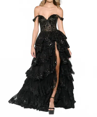 Sherri Hill Layered Skirt Off The Shoulder Dress In Black