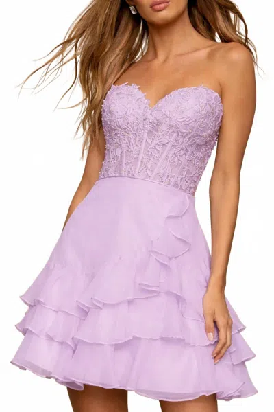 Sherri Hill Leaf Lace Corset Bodice Cocktail Dress In Lilac In Purple