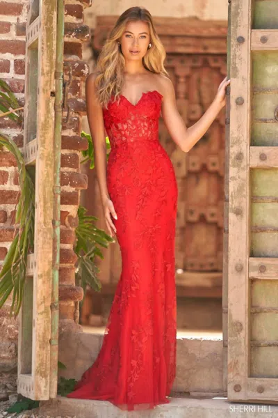 Sherri Hill Leaf Lace Embroidered Prom Dress In Red