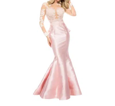Sherri Hill Long Sleeve Lace Satin Dress In Blush In Pink