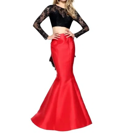 Sherri Hill Mermaid Lace Two Piece Gown In Black Red In Multi