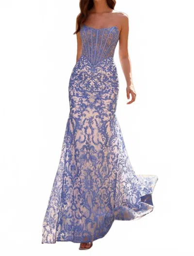 Sherri Hill Mermaid Prom Gown In Ivory/blue In Multi