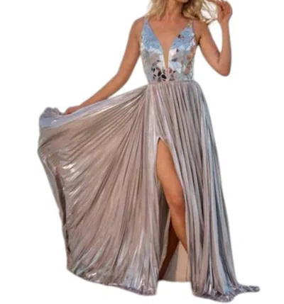 Sherri Hill Metallic Pleated Gown With Glass Cut Bodice In Silver In Pink