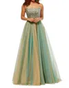 SHERRI HILL METALLIC TULLE TWO-PIECE BALL GOWN IN GOLD TURQUOISE