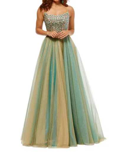 Sherri Hill Metallic Tulle Two-piece Ball Gown In Gold Turquoise In Multi