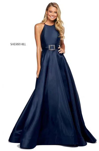 Sherri Hill Mikado A-line Halter Gown In Navy In Blue