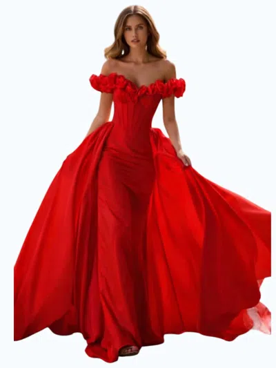 Sherri Hill Off Shoulder Corset Gown In Red