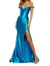 Sherri Hill Off-shoulder Embellished Satin Gown In Peacock In Blue