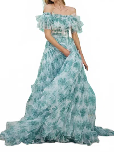 Sherri Hill Off Shoulder Floral Corset Gown In Green Print In Multi