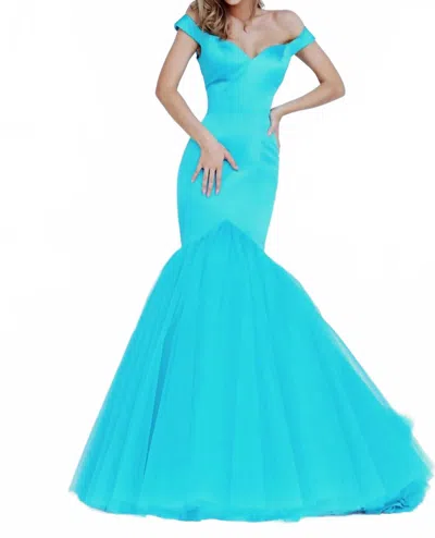 Sherri Hill Off Shoulder Mermaid Gown In Turquoise In Blue