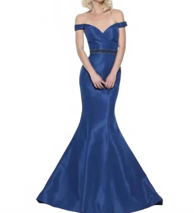 Sherri Hill Off Shoulder Taffeta Mermaid Gown In Navy In Blue