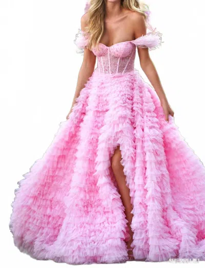 Sherri Hill Off-shoulder Tiered Prom Ballgown In Pink