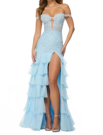 Sherri Hill Off The Shoulder Fitted Prom Dress In Light Blue