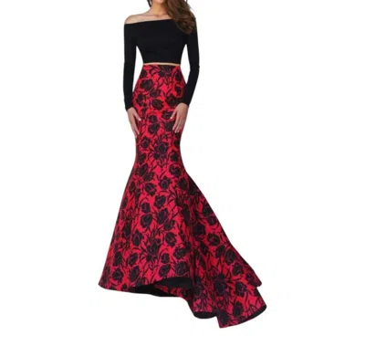Sherri Hill Off The Shoulder Long Sleeve Dress In Black/red Print In Multi