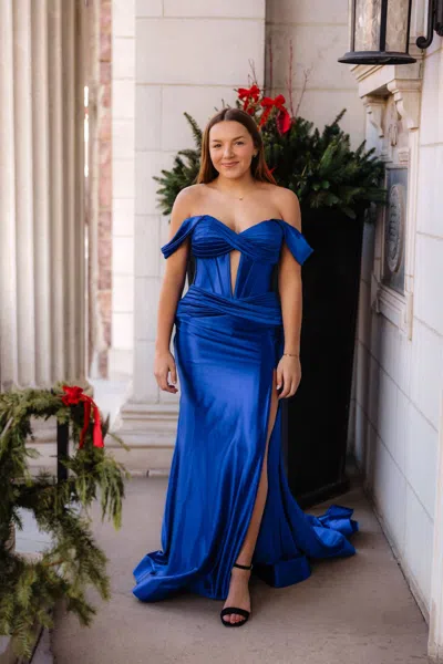 Sherri Hill Off The Shoulder Stretch Satin Prom Dress In Royal In Blue