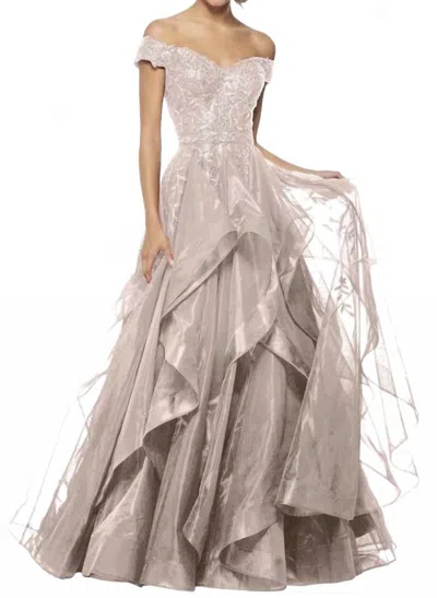 Sherri Hill Off-the-shoulder Evening Gown In Rose Gold In Silver