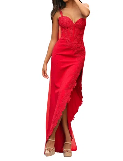 Sherri Hill One Shoulder Scuba Lace Prom Dress With Cape In Red