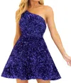 Sherri Hill One Shoulder A-line Sequin Velvet Cocktail Dress In Royal In Blue